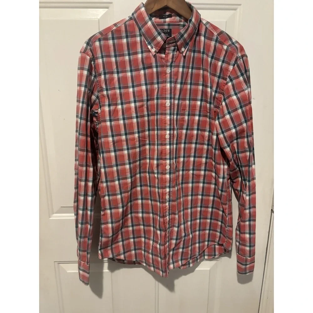 J Crew Oxford Button Up Shirt‎ Large Flex Washed Plaid Long Sleeve Dress Casual